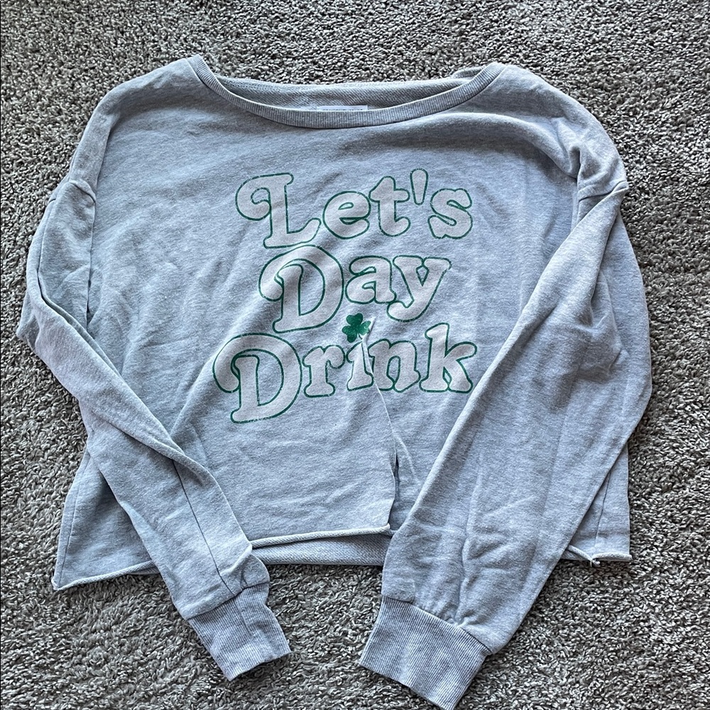 Funny Grayson Threads Gray Off-the-Shoulder Sweater with St. Patty’s Day print